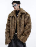 Men's brown short faux fur coat with long length and raccoon fur colour artificial fur collar