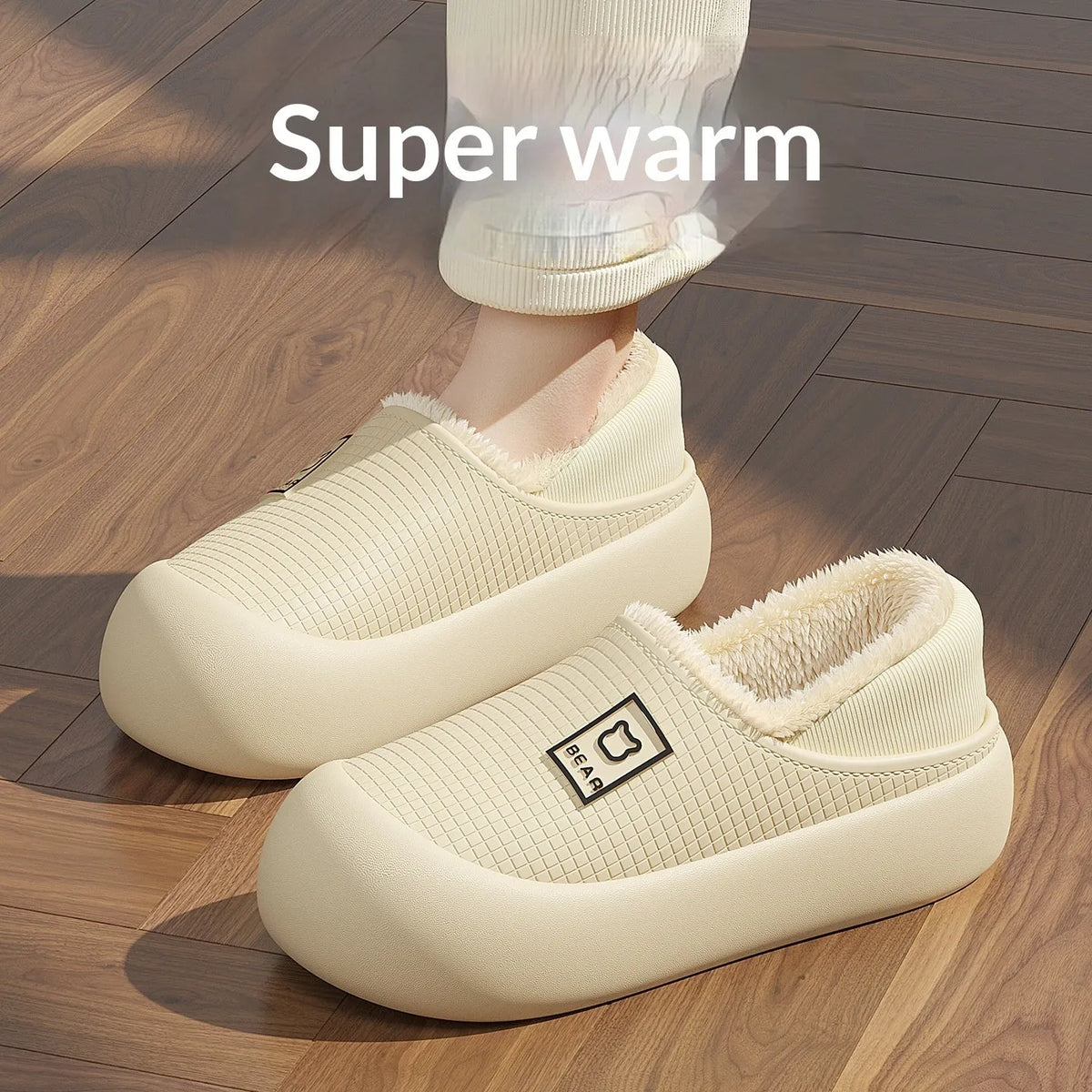 Indoor waterproof warm cotton slippers for women, light coffee colour, EVA upper, thickened design, cartoon pattern