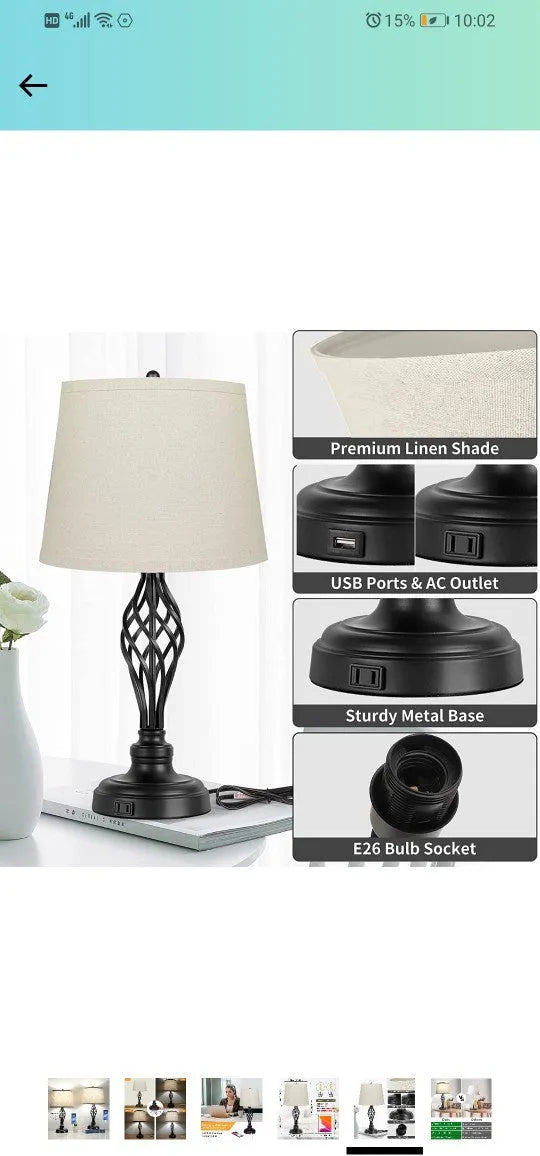 European style alloy USB bedside table lamp with touch controls for warm and cool white dimmable lighting