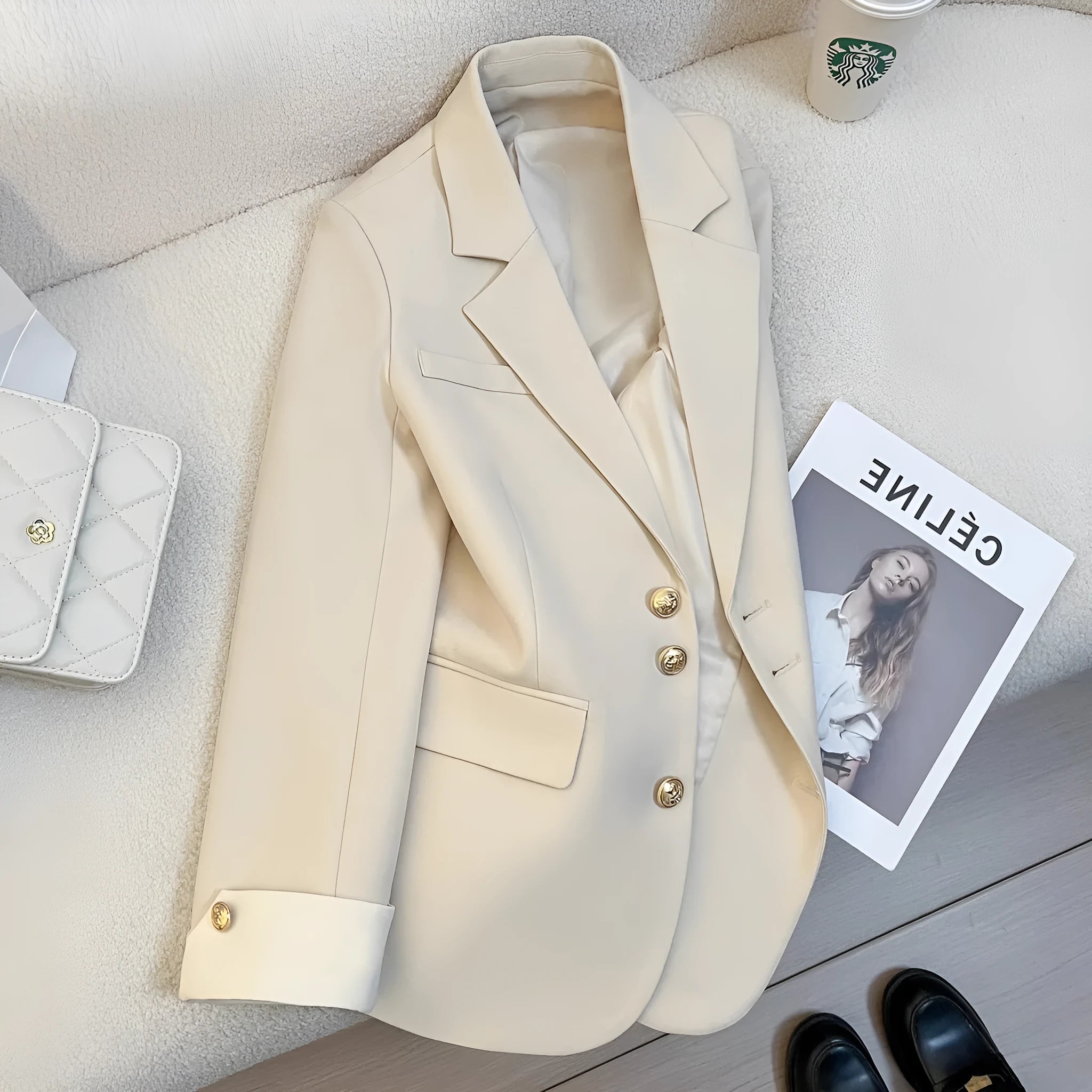 Korean-style women's coat in loose fit with pockets, available in Milky White or Black
