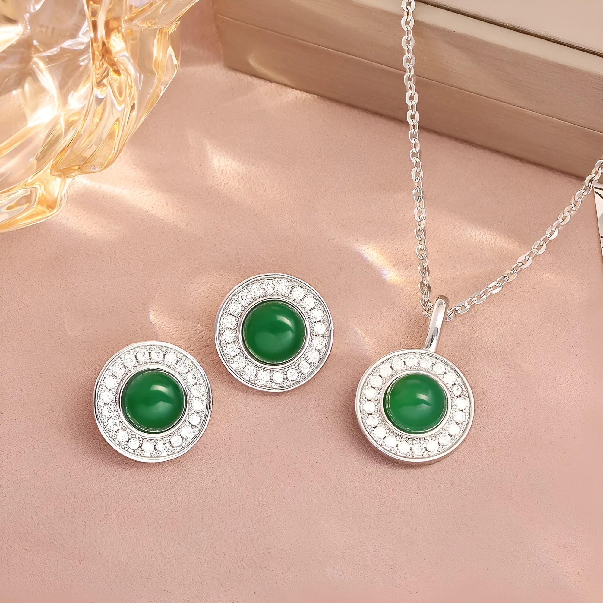 Green emerald zircon ear stud and necklace set with geometric design and real gold plating