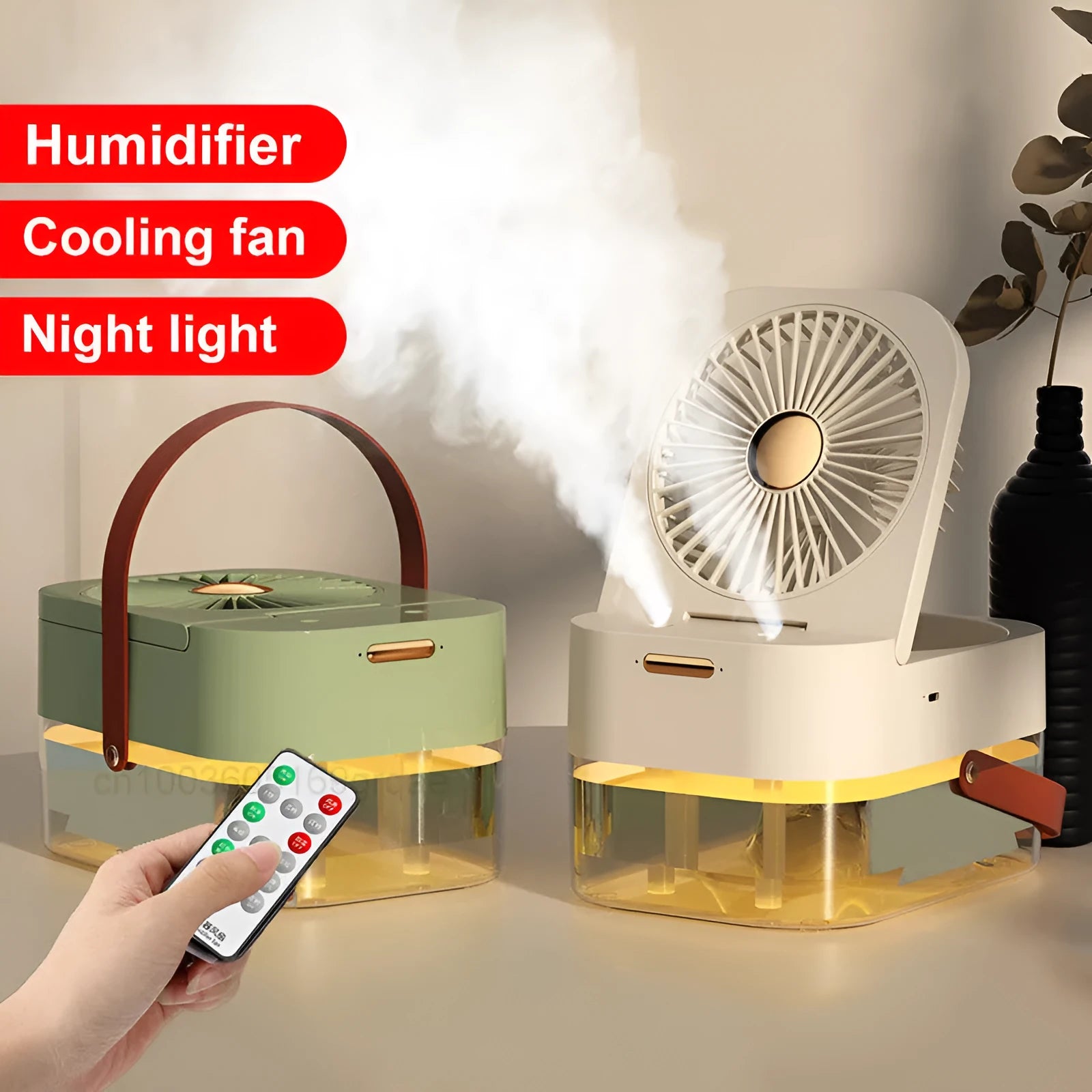 White humidifier spray fan with 2.5L water tank, dual spray ports, and night light on desktop