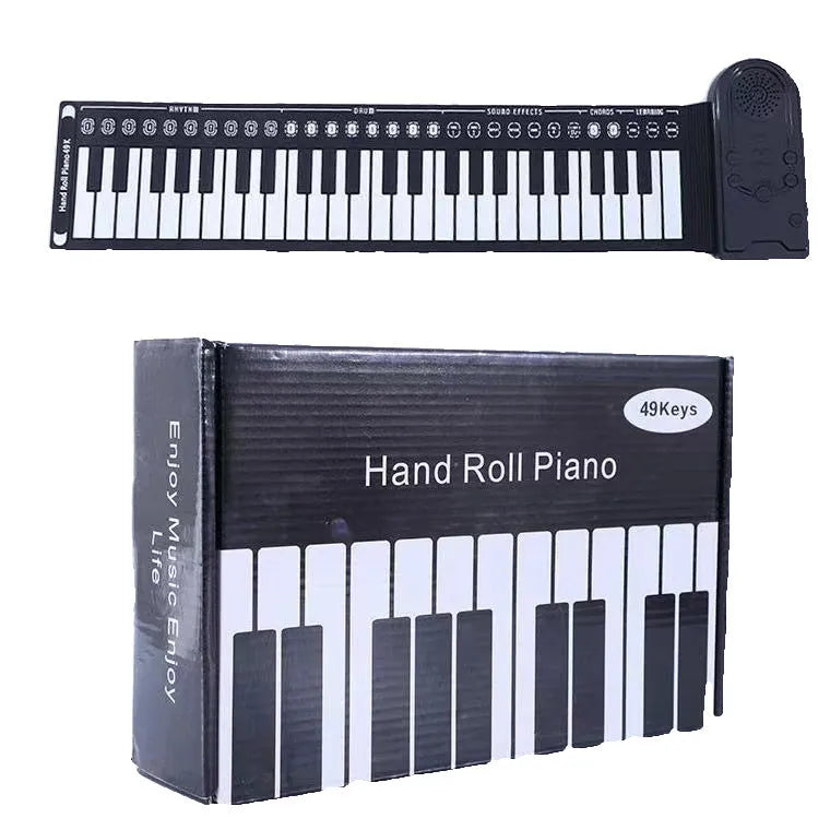 Folding electronic keyboard with 49 silicone keys, shown in gloss black, folded to compact size with speaker visible on control panel