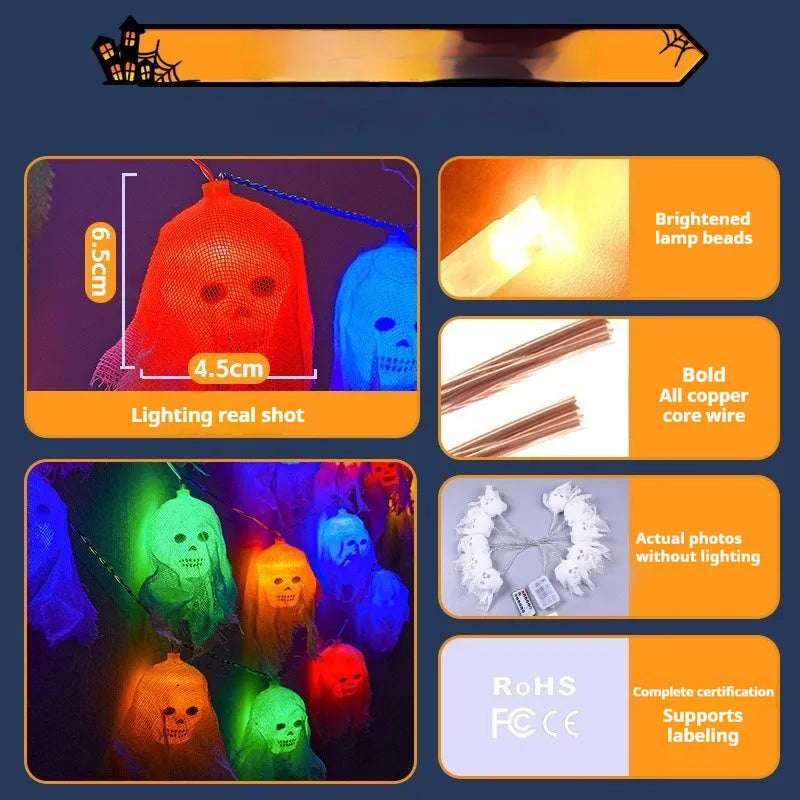 Halloween battery-operated coloured LED lights for indoor wall decoration with 10 or 20 heads