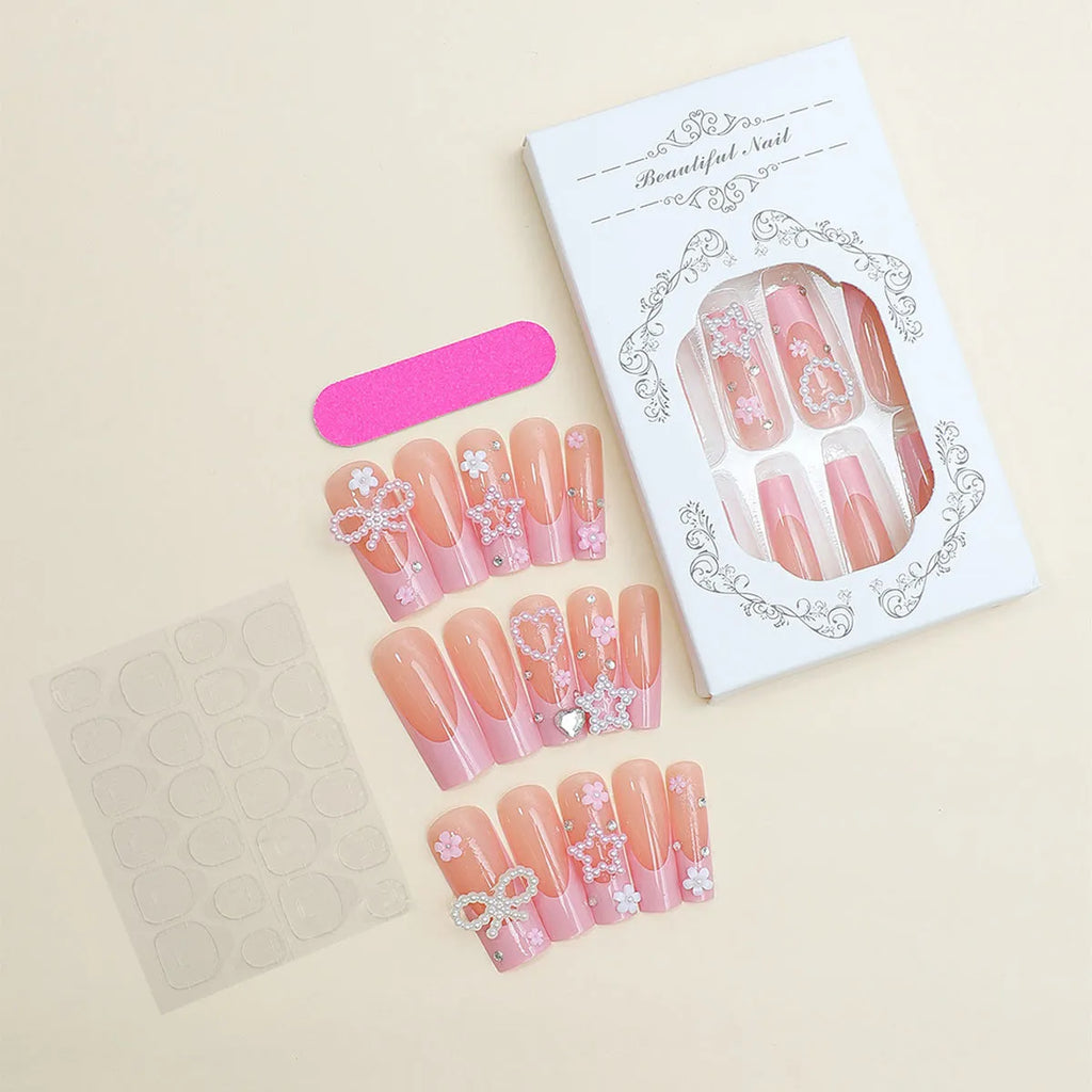 Long water pipe French artificial nails with spot drill and bow decorations in XB-70-48 colour