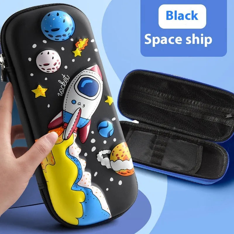 3D leather pencil case with zipper closure showing character design options including astronauts, unicorns, and mermaids