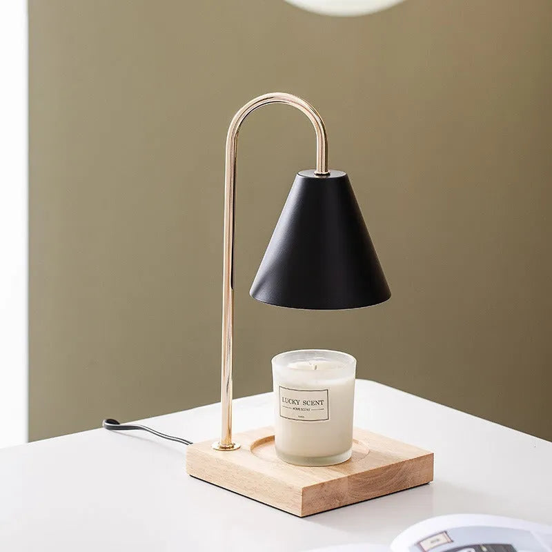 Aromatherapy wax melting lamp with oak or walnut base and white, black, or gold lampshade, dimming switch and two bulbs