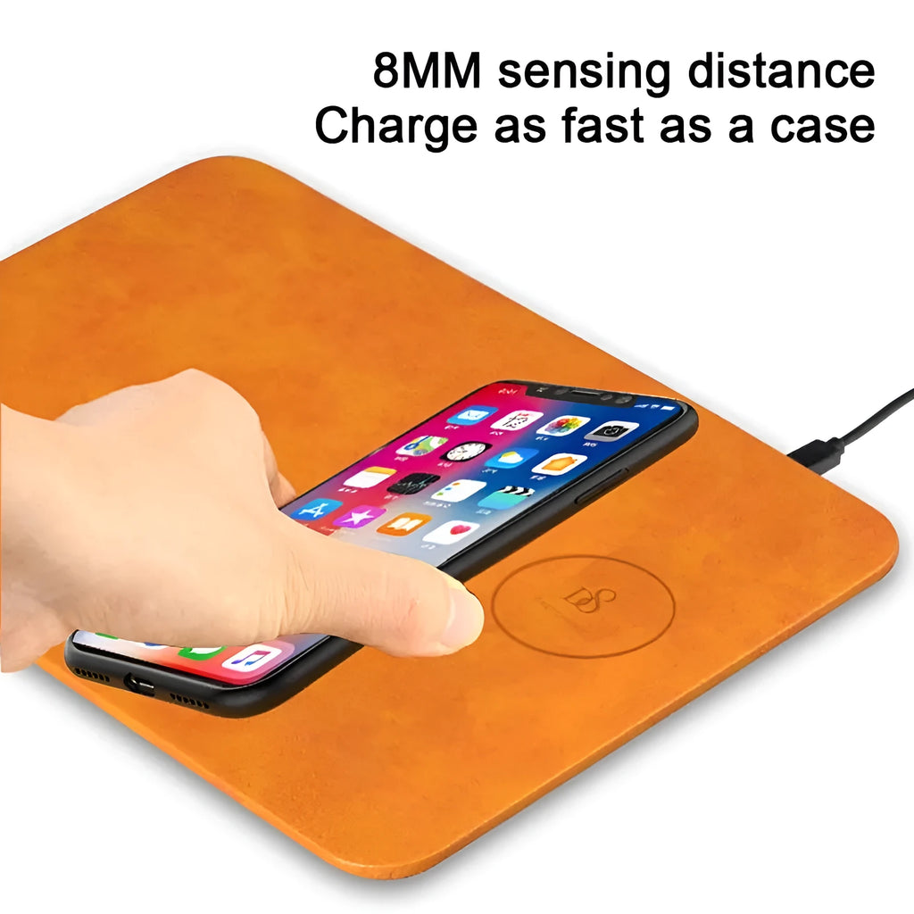 Brown leather wireless charging mouse pad with Micro USB port for Qi device charging