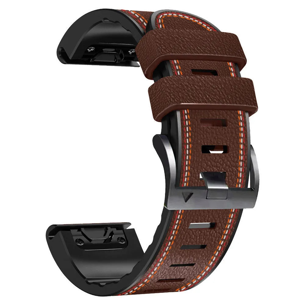 Silicone leather quick release watch strap for Garmin Fenix models in black, brown, light brown, and white