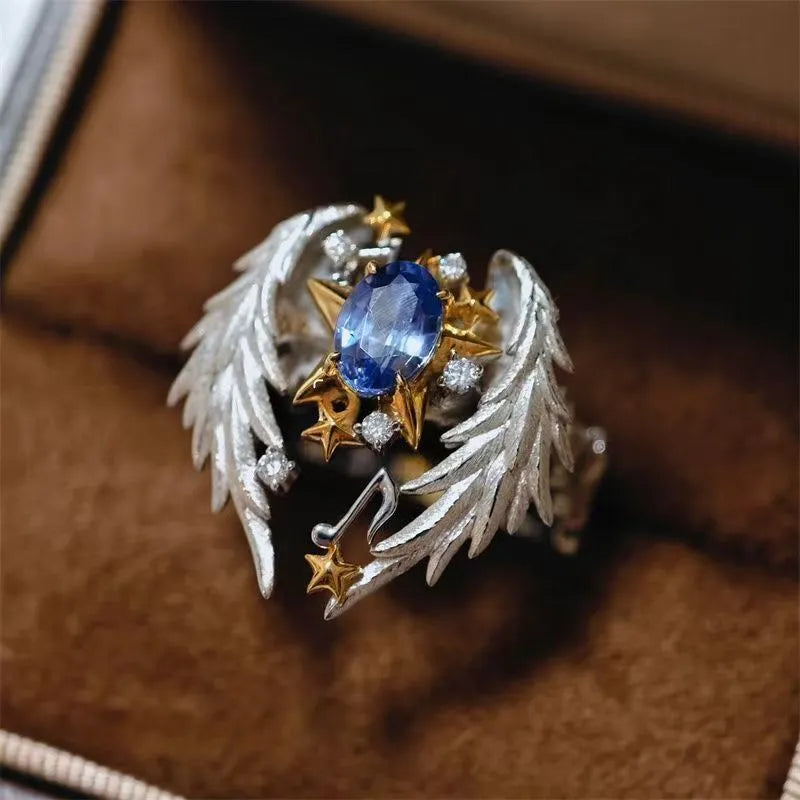 Angel wings geometric ring with adjustable open mouth design in alloy metal