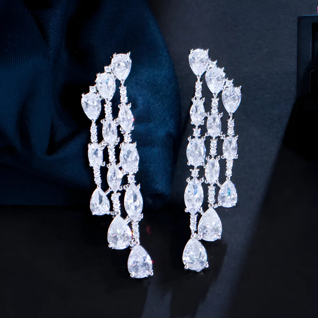 Sterling silver needle teardrop earrings with full drill AAA+ zircon micro-pave setting 4.9 cm length