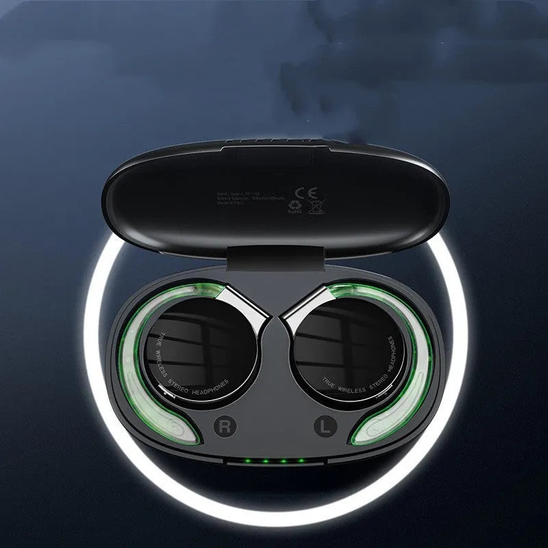 Black and white sports wireless Bluetooth earphones showing ear-plug design