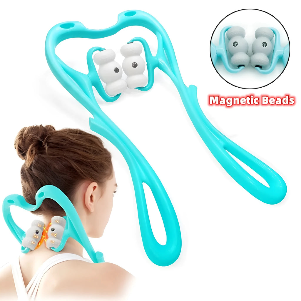 Blue neck massager with 360 degree roller and 96 acupoint nodes for deep tissue pain relief on neck and shoulders