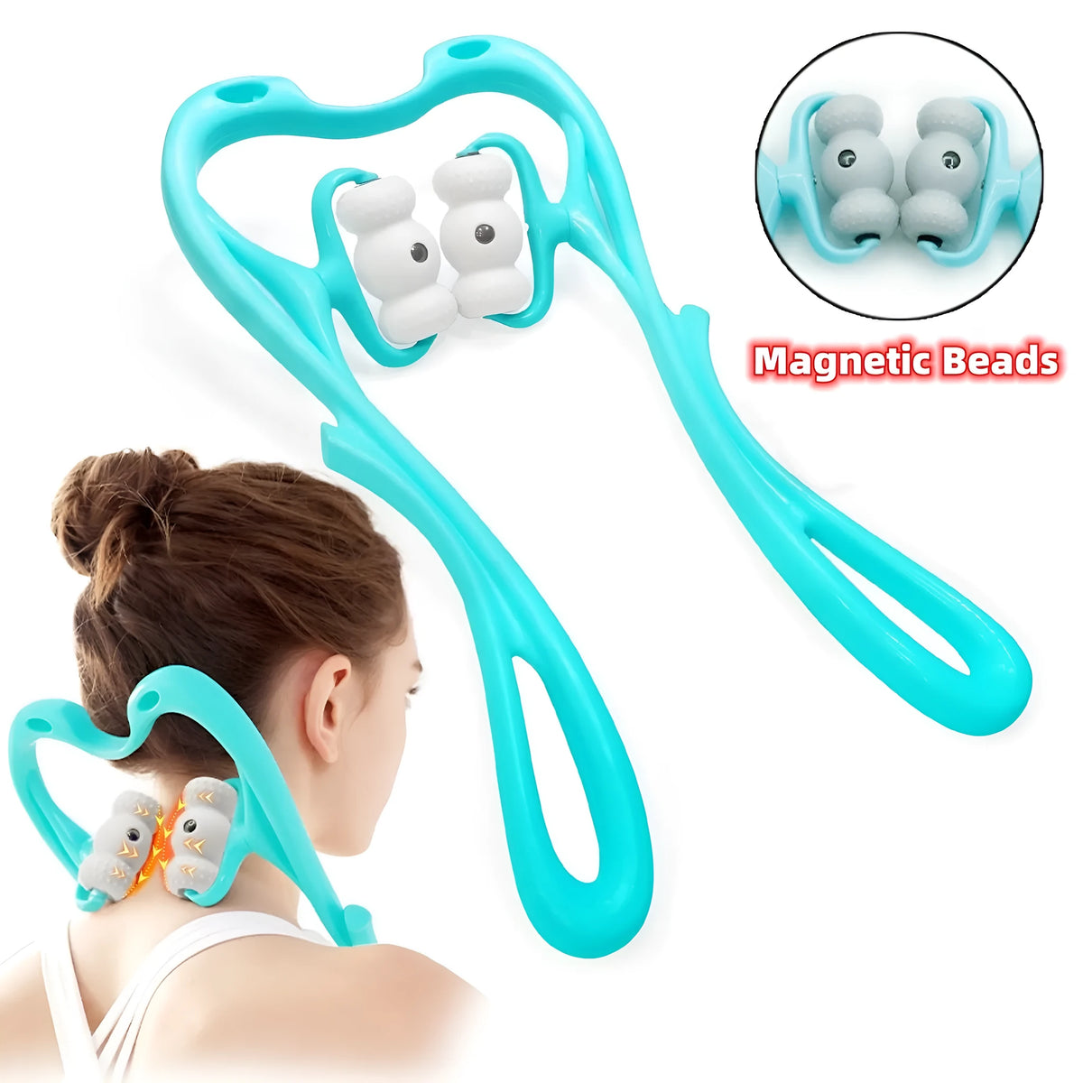 Blue neck massager with 360 degree roller and 96 acupoint nodes for deep tissue pain relief on neck and shoulders