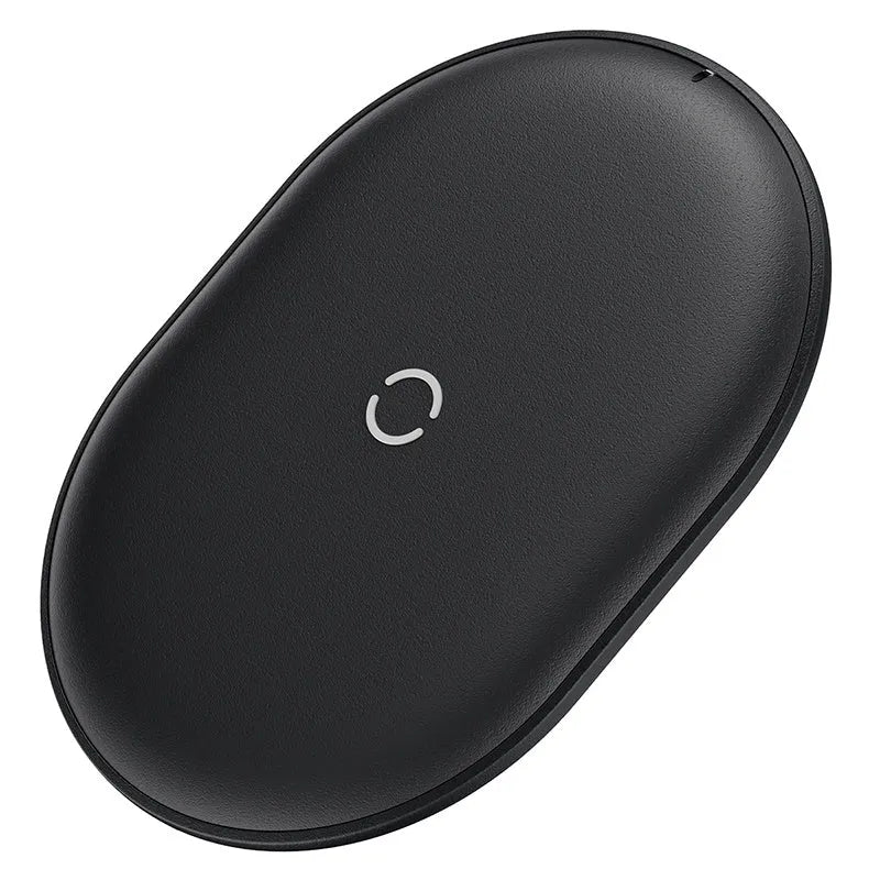 Baseus Rough 15W fast wireless charging pad for mobile phones in black colour on a desk.