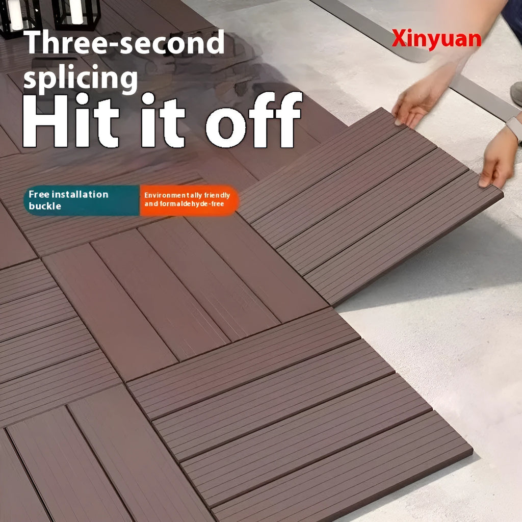 Pack of ten brown wood grain patterned plastic interlocking floor tiles
