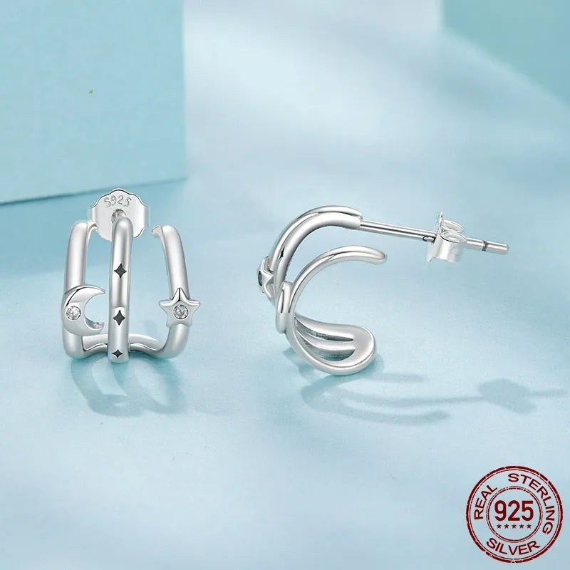 Multi-ring S925 sterling silver stud earrings with inlaid zircon, SCE1898 colour, on a clean background