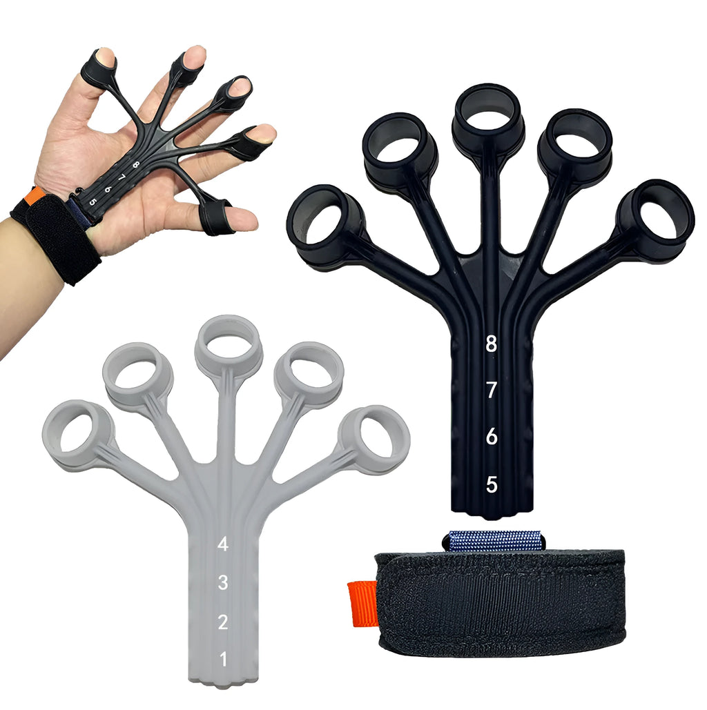Black and grey silicone finger trainer with adjusting belt for rehabilitation and abdominal exercises.
