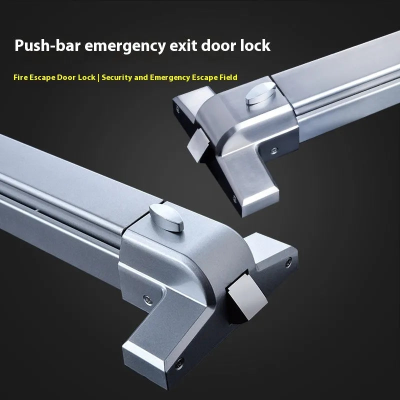 Stainless steel fireproof door push lock with external handle for 65cm wide doors.