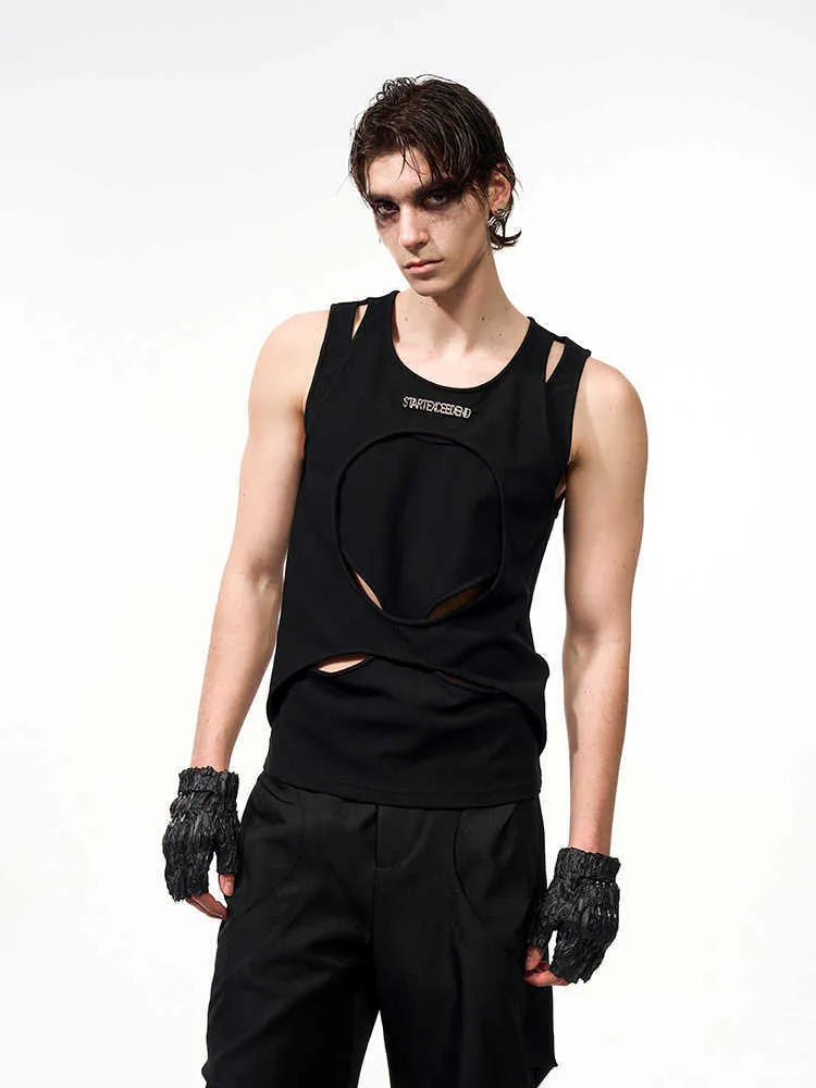 Men's hollow thread summer waistcoat round neck vest in black or white