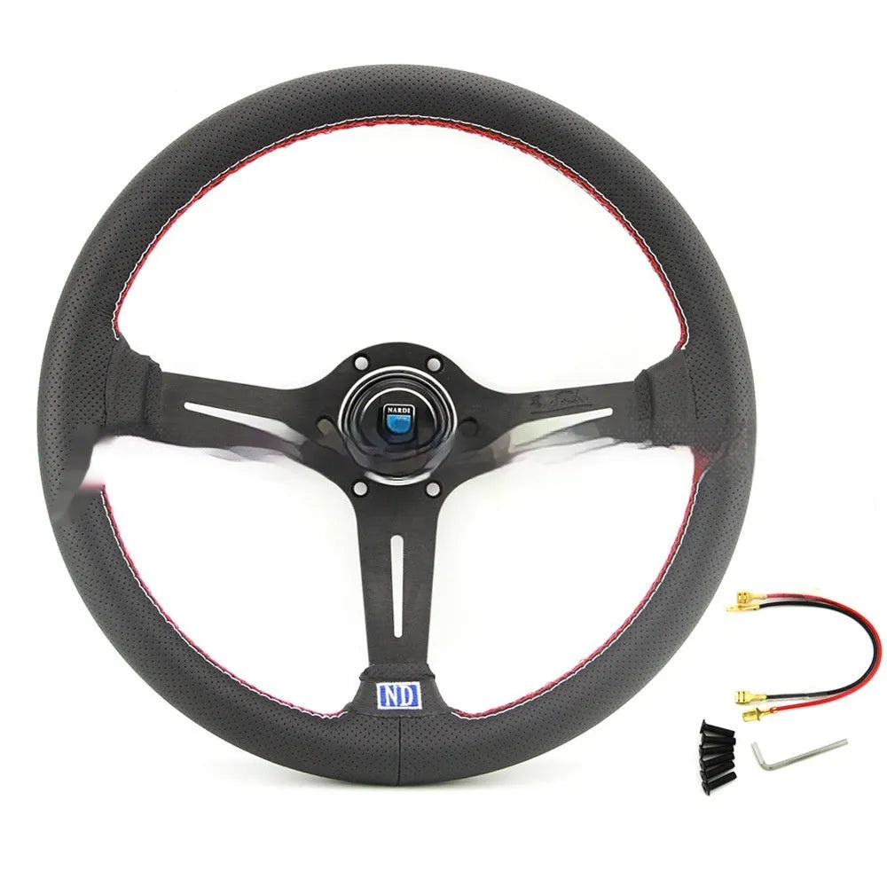 14-inch leather steering wheel with middle concave design in silver black finish