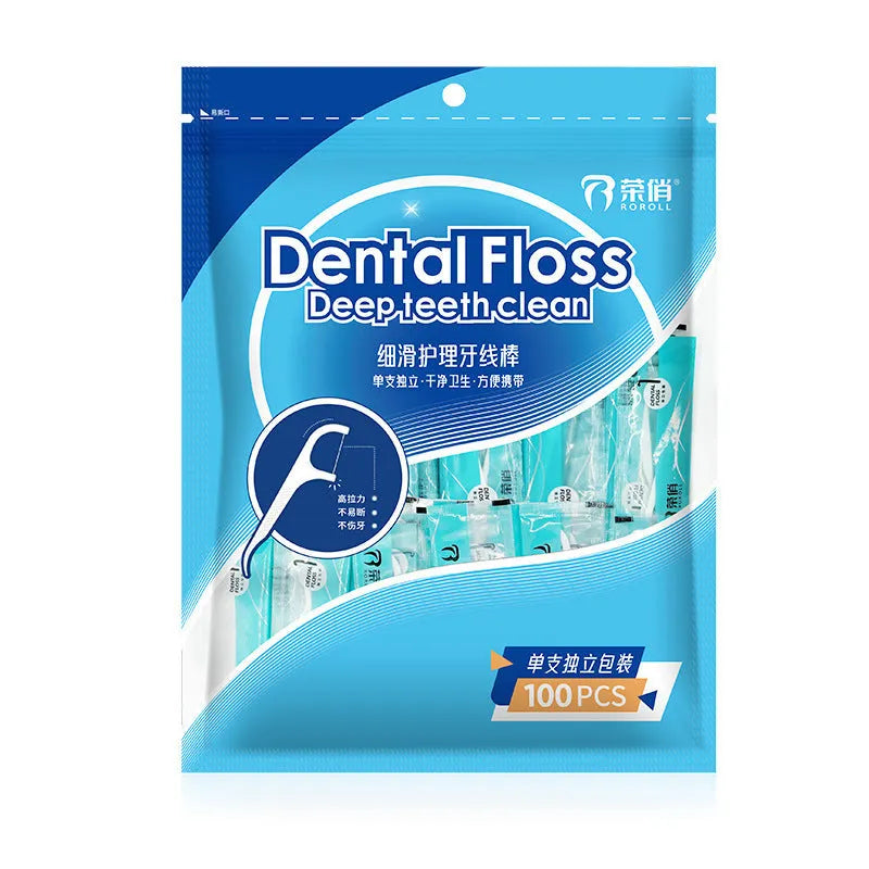 Individually packaged dental floss in compact 180x238 mm portable bag with plastic high tensile construction