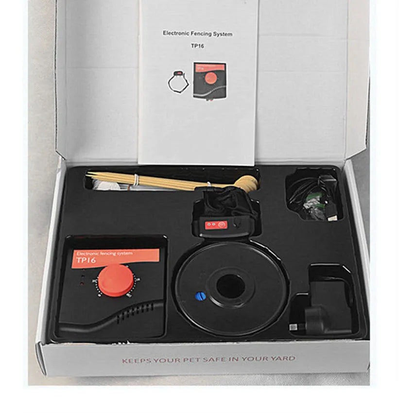 Pet electronic fence with waterproof receiver, adjustable one square kilometre boundary, and 300m coil.