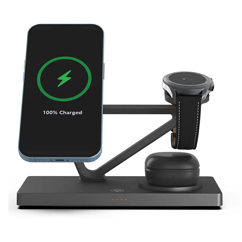 White five-in-one wireless charger with magnetic suction bracket, circular charging base, and integrated night light