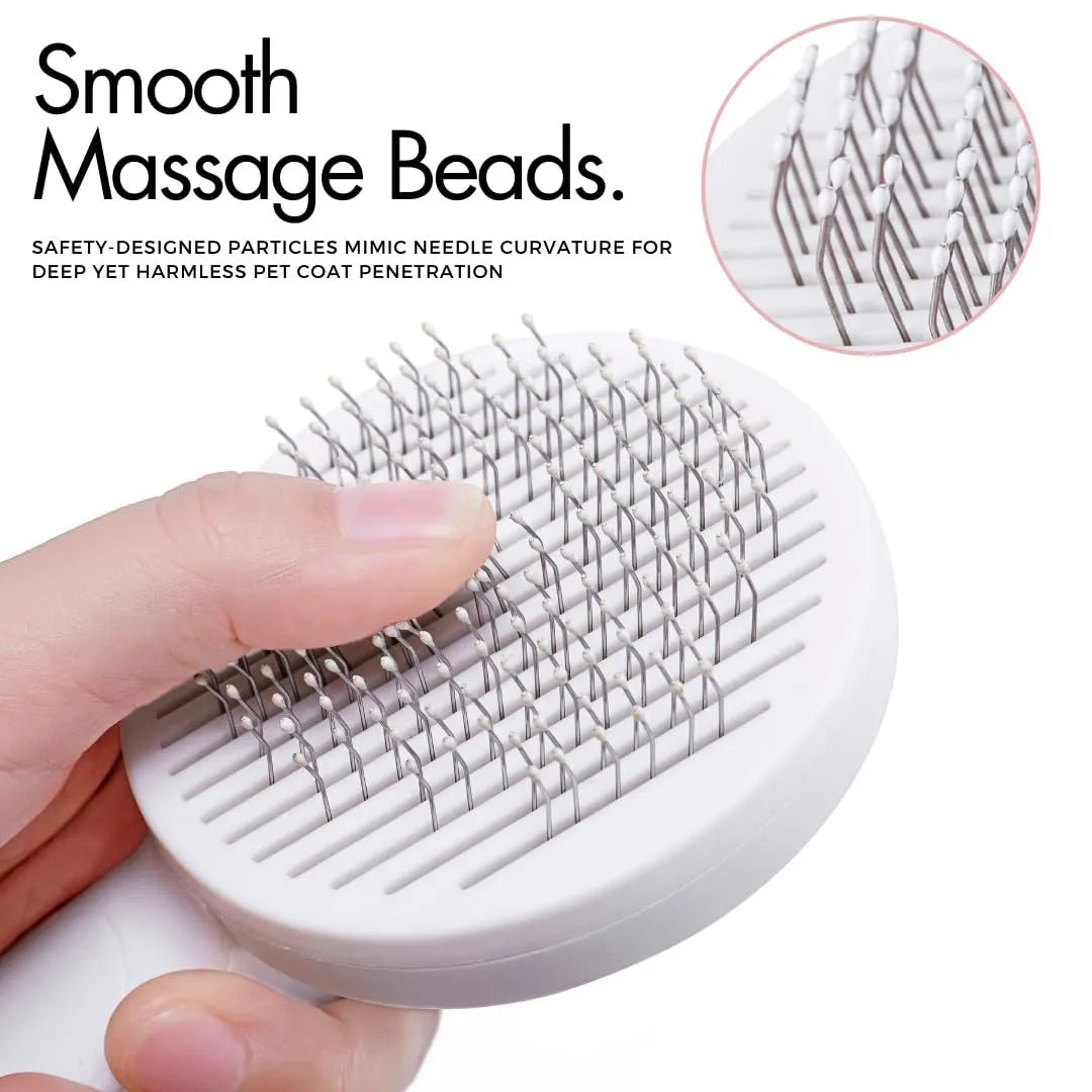 Self-cleaning slicker brush for dogs and cats with blue rubber handle and stainless steel bristles.