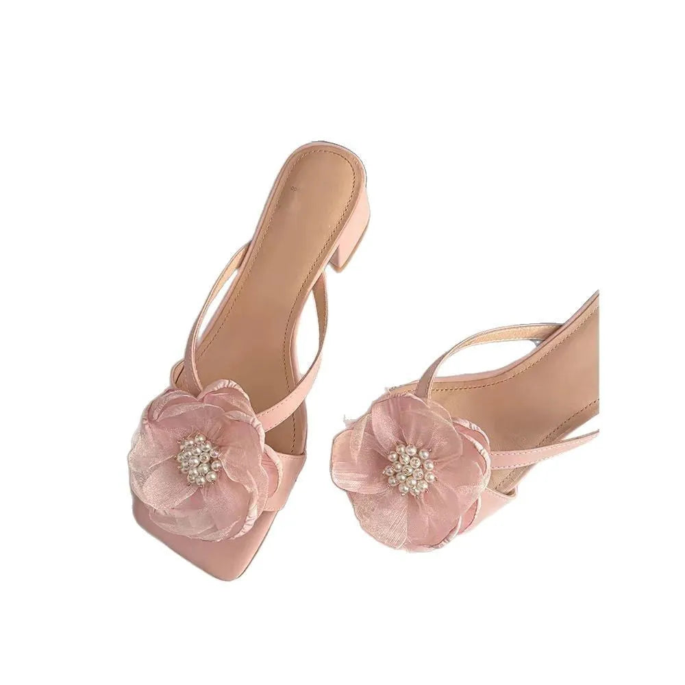 Women's square toe sandals with chunky heel, satin upper, and one-line Korean-style strapping in cream-white colour