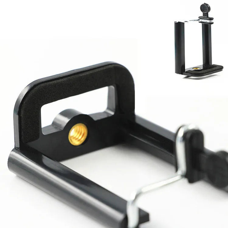 Black plastic U clip mobile phone holder with flexible hose arm for car dashboard mounting.