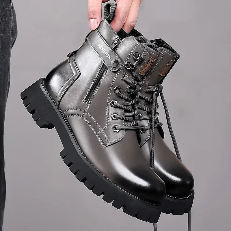 Men's thick-soled high-top Martin boots with side zipper and round toe