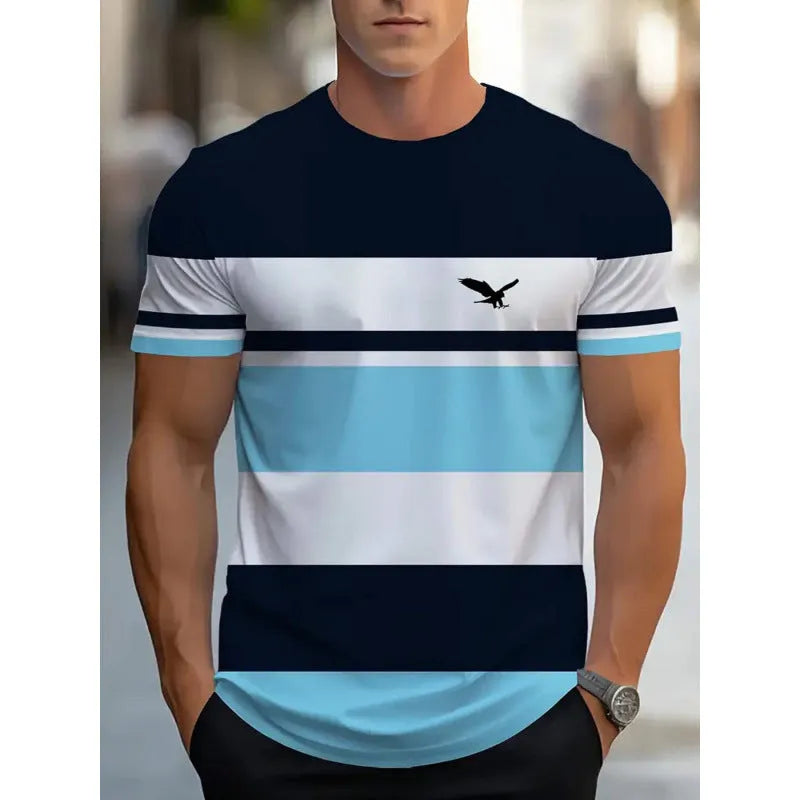 Man wearing a loose-fit short-sleeved T-shirt with a digital 3D printed striped pattern.