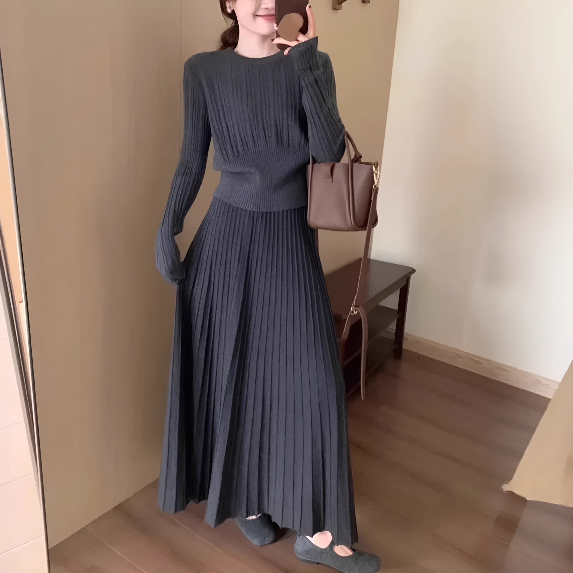 Dark grey knitted dress suit two-piece set with 3D effect pattern ethnic style