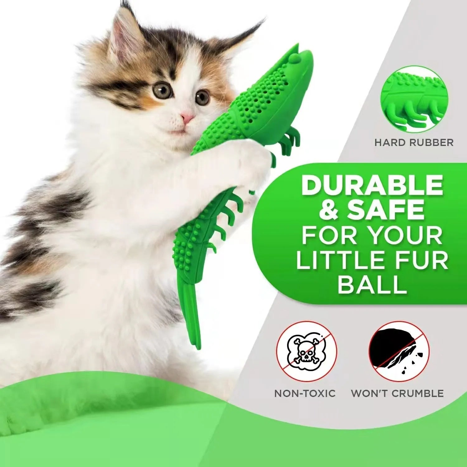 Blue hard rubber cat toy with a 360-degree teeth cleaning design and a bell inside.