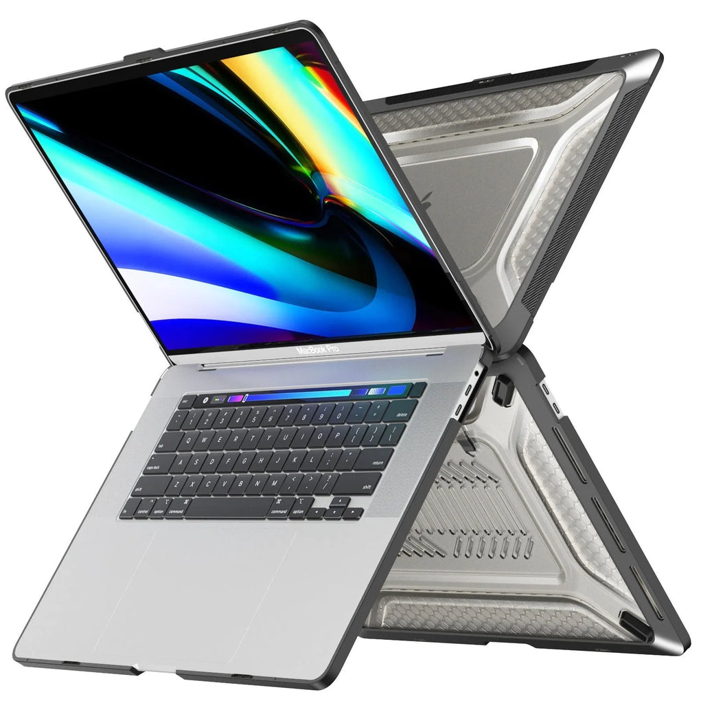 MacBook protective hard shell case in cool black, starry sky grey, elegant apricot, and sapphire blue colours for Air and Pro models.