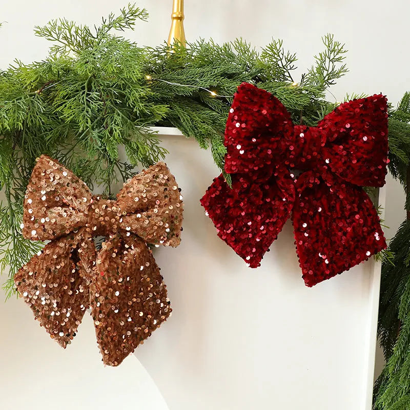 Polyester 25cm red paillette sequin bow Christmas decoration pendant hanging on a white background