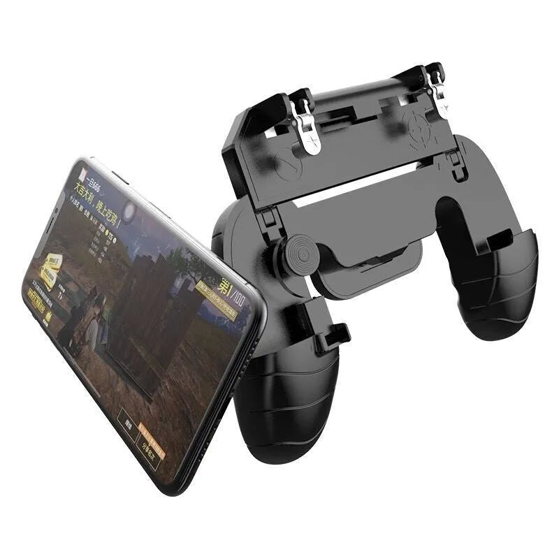 Multifunctional mobile game handle in black, blue, and white colour options on a smartphone