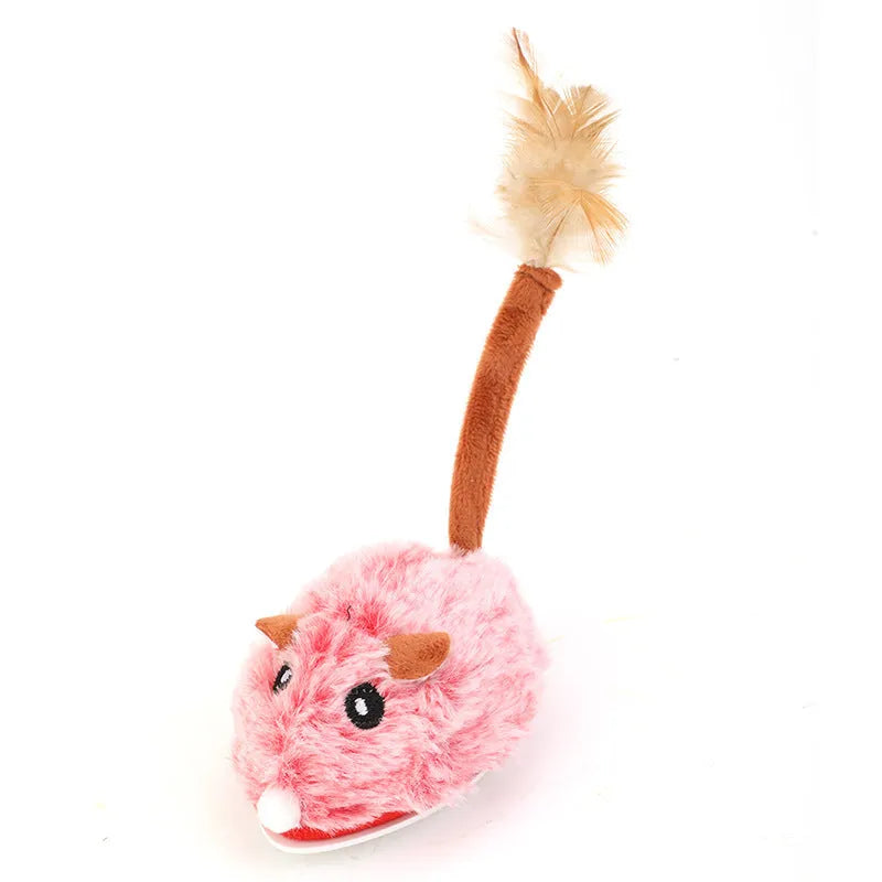 Electric rotating cat toy with plush mouse attachment in pink, purple, or dark grey colours