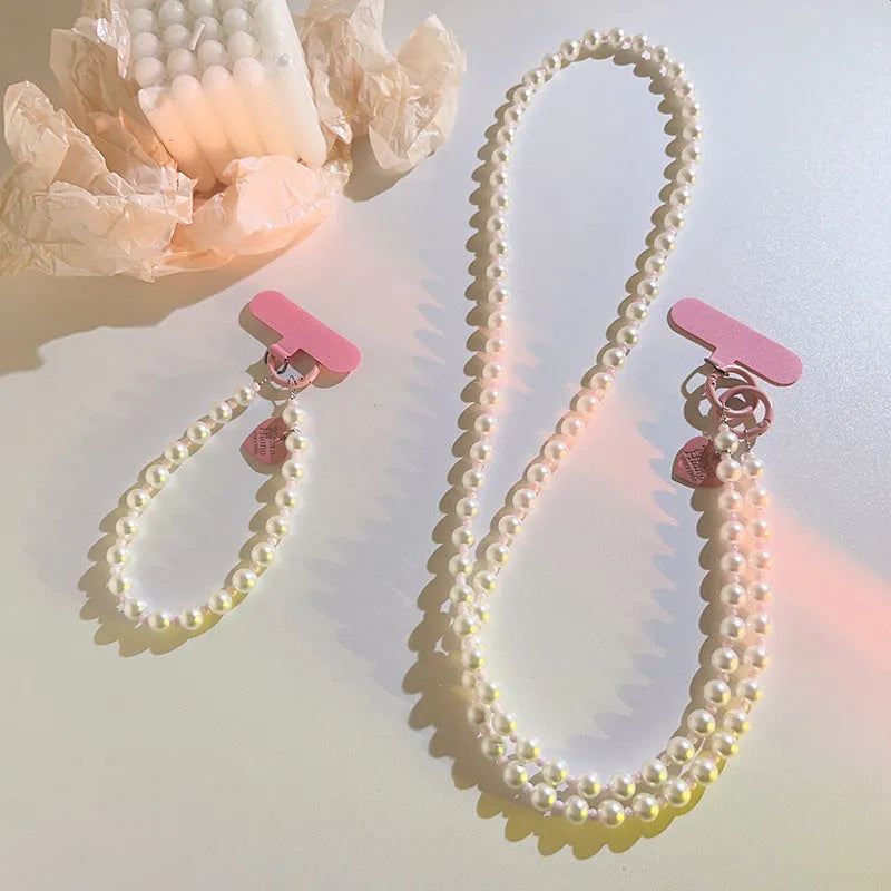 Pink beads pearl spacer love charm crossbody mobile phone lanyard with wristband and clip