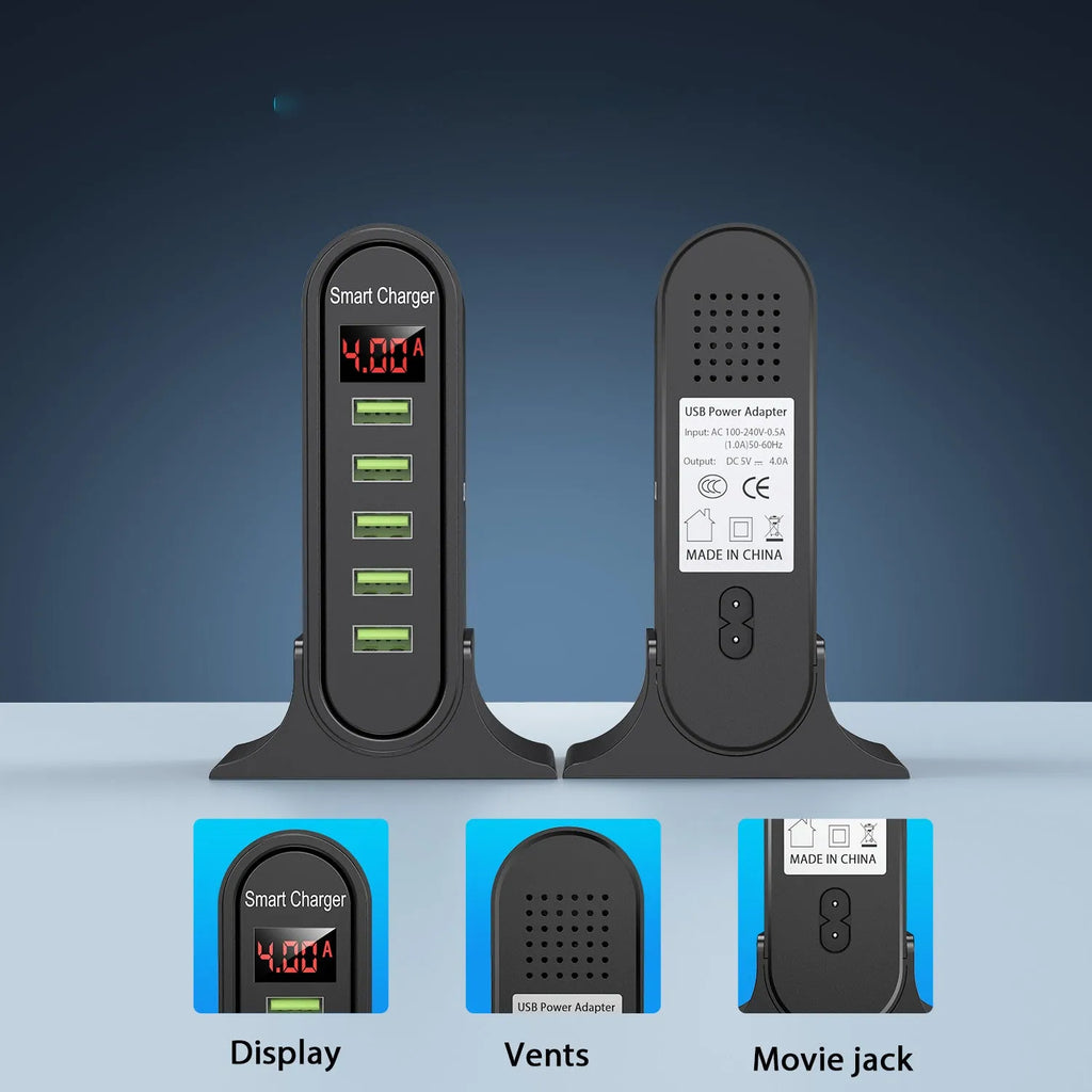 Black Smart LED Digital Display USB wall charger showing voltage readout