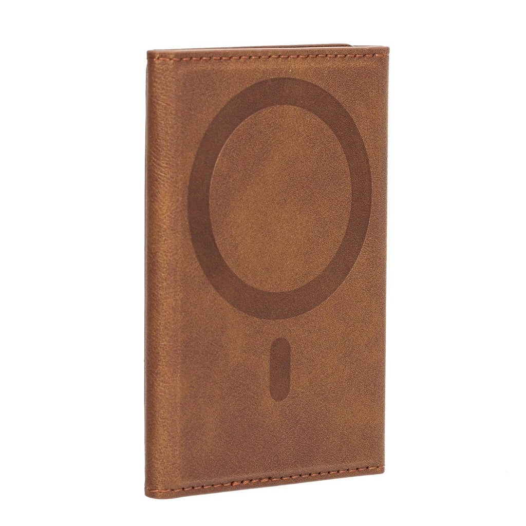 Leather tri-fold magnetic wallet card holder in black with embossed texture