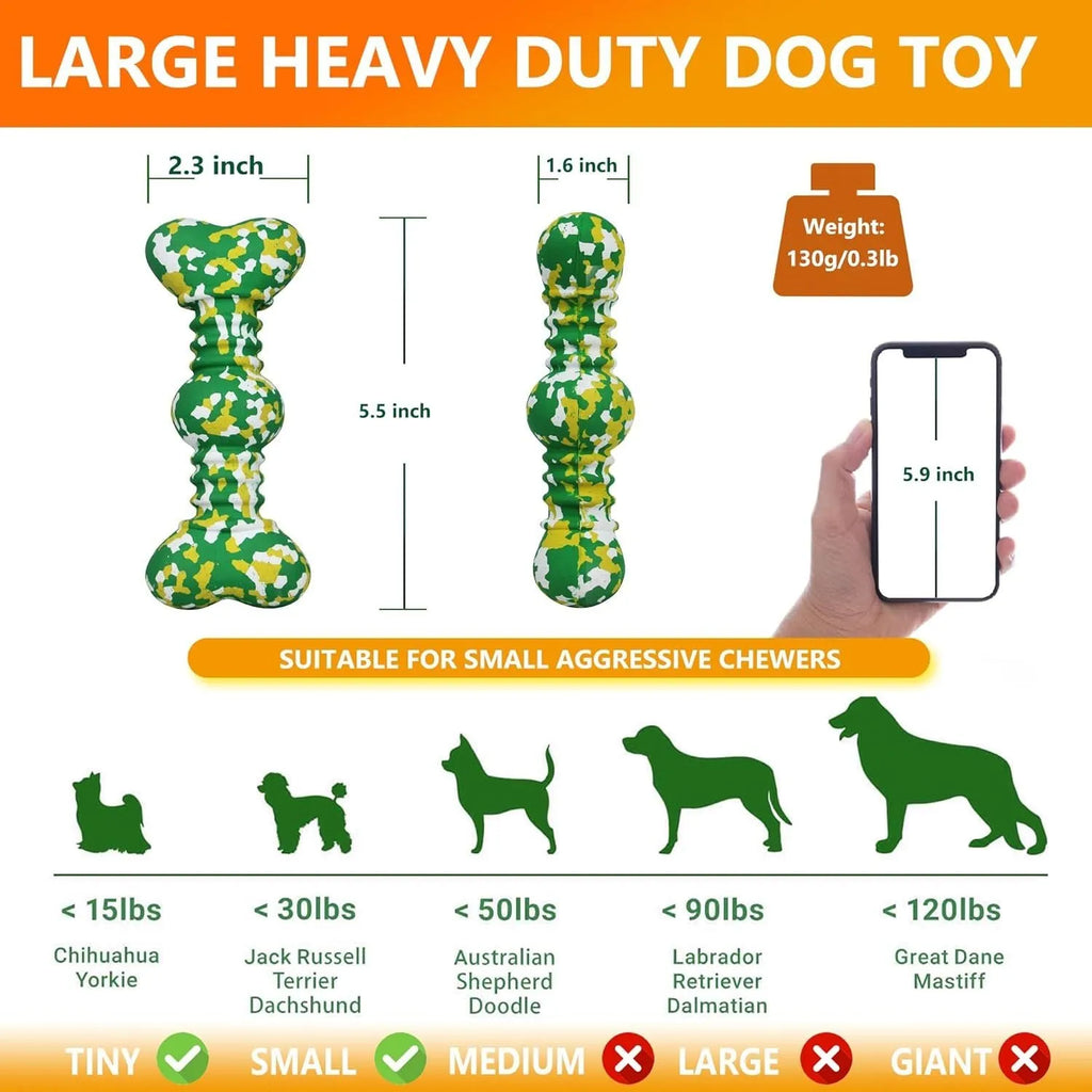Natural rubber dog chew toy in camouflage colours for large breed aggressive chewers.