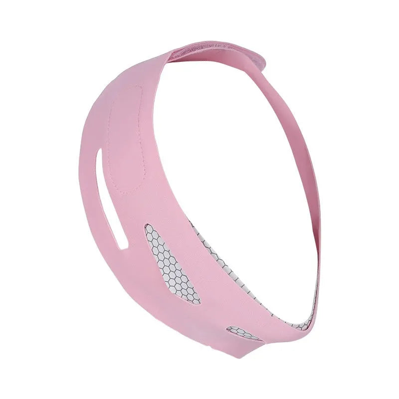 Pink and black elastic V-shaped face bandage for facial care and contouring support.