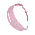 Pink and black elastic V-shaped face bandage for facial care and contouring support.