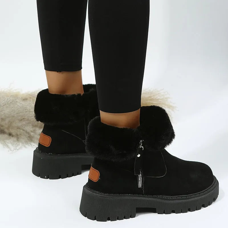 Women's black faux suede snow boots with high top, square heel, and side zipper closure