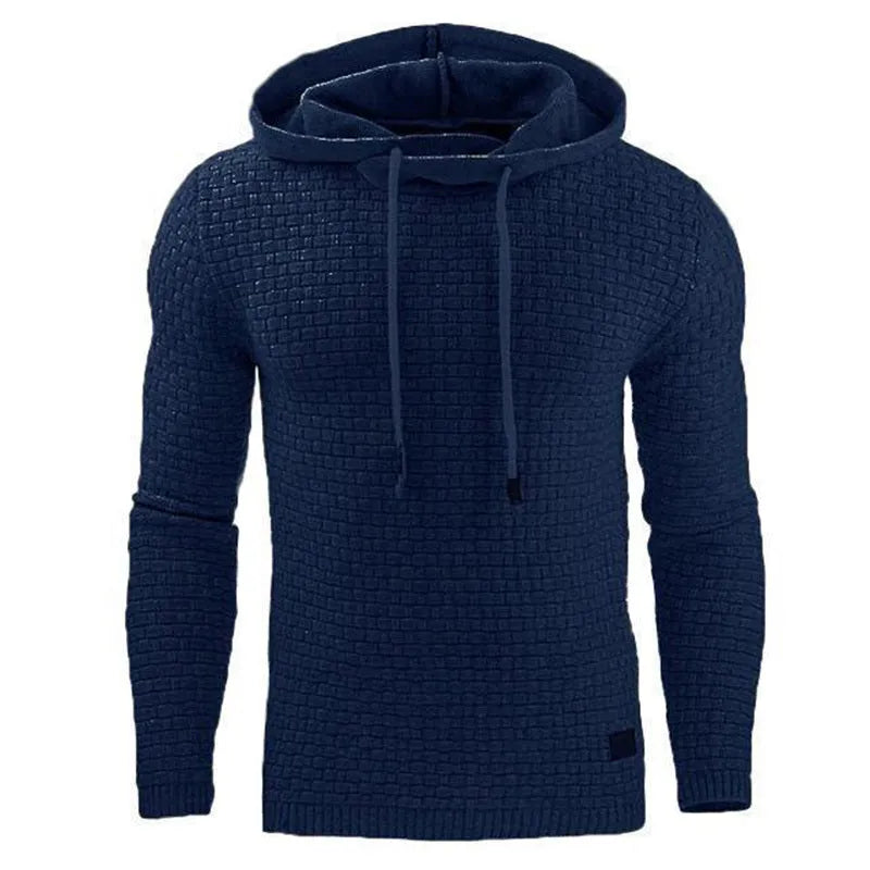 Men's black cotton-polyester hooded sweatshirt on a hanger