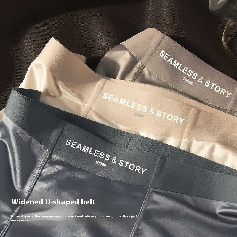 Men's ice silk satin underwear in mid-waist style showing coffee, grey, white, and blue colours.
