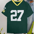 Men's green cotton t-shirt with printed letter patterns and loose fit short sleeves