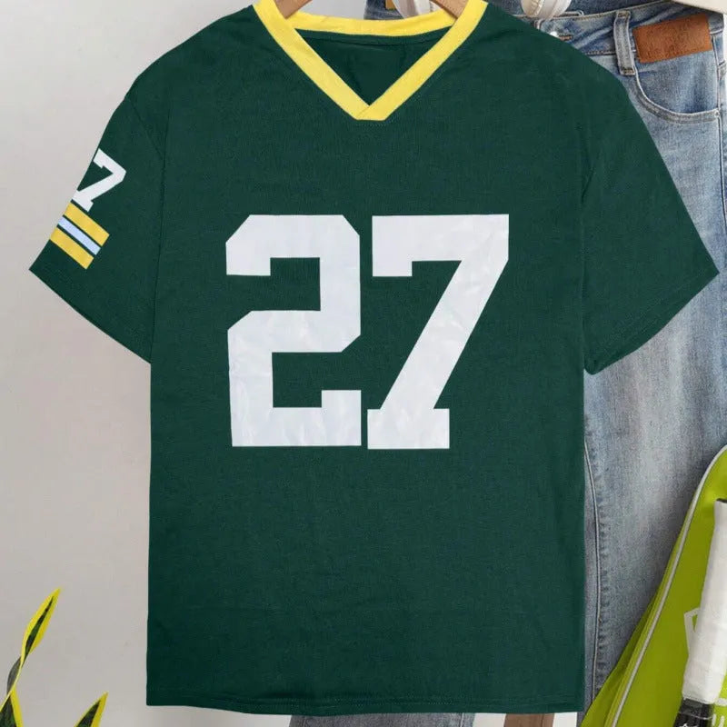 Men's green cotton t-shirt with printed letter patterns and loose fit short sleeves